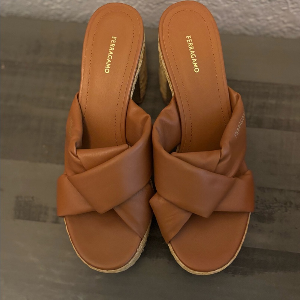 Salvatore Ferragamo Douglas Padded Leather Raffia Platform Sandals